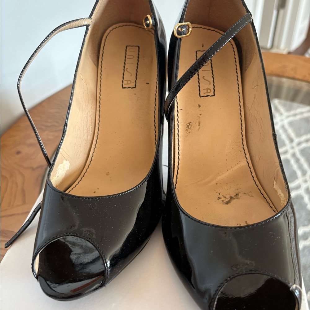 Unisa Black Patent Peep Toe Heels